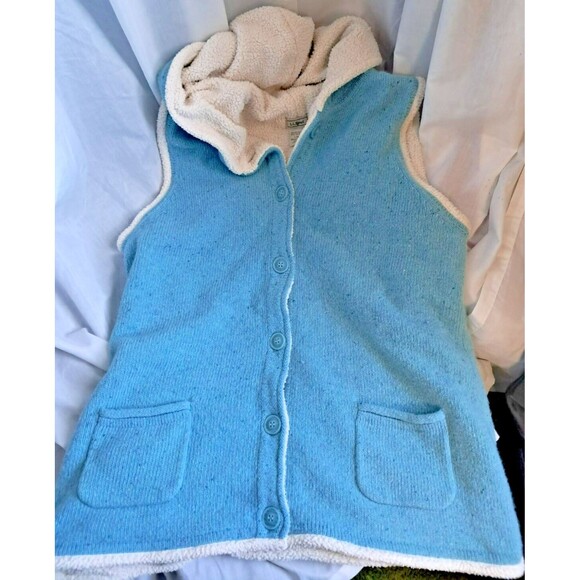 LL Bean Vest Womens Large Blue Sherpa Lined Lambswool Blend Button Hoodie - Picture 2 of 11